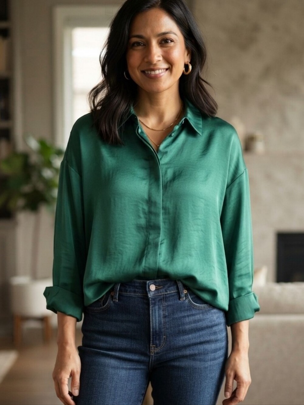 Zara Emerald Green Satin Long Sleeve Button Down Shirt Blouse Size XS